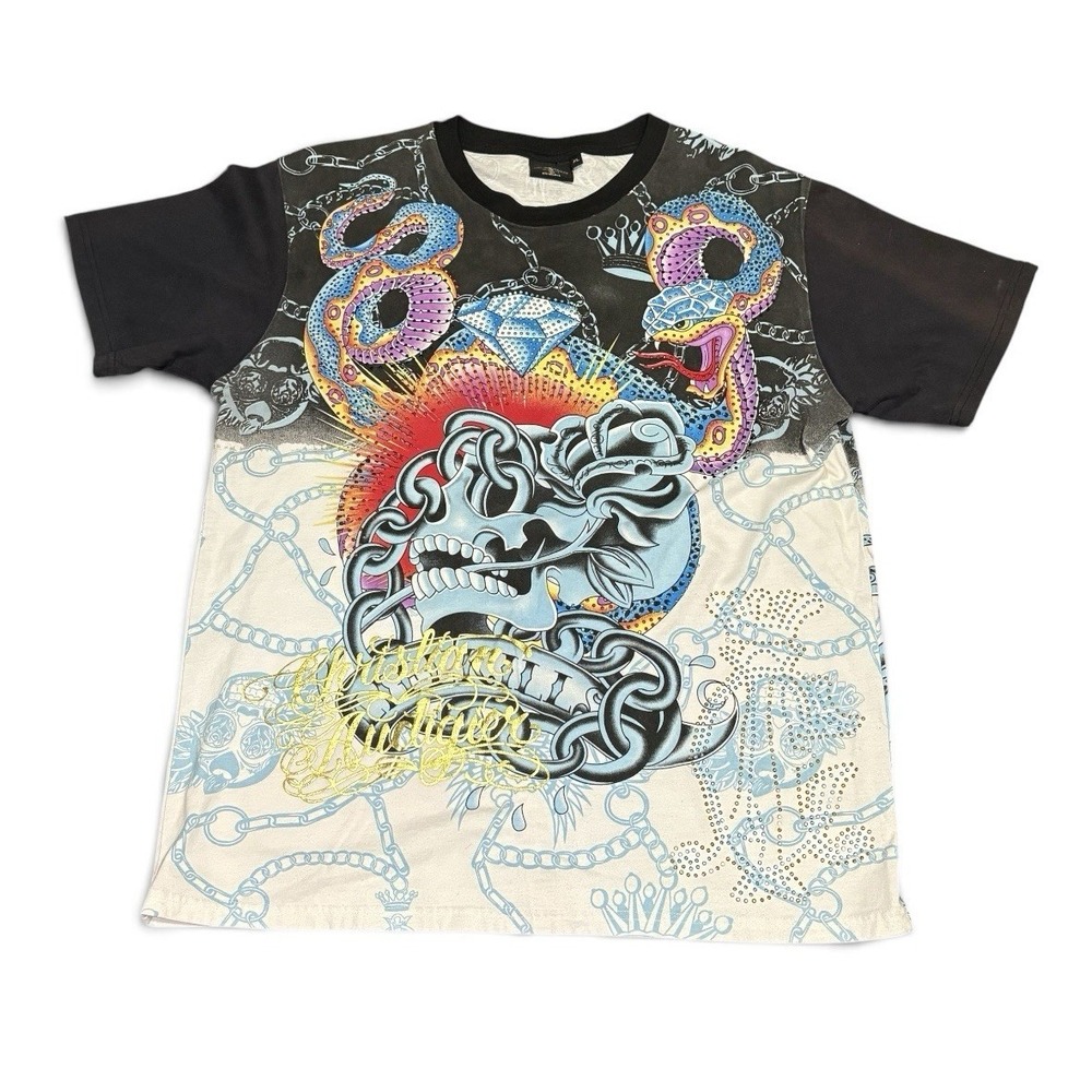 VTG Christian Audigier T Shirt Y2K Skull Snake Rhinestone Tattoo Ed hardy style